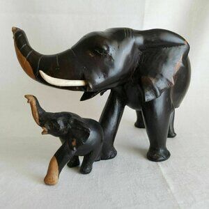 Vintage Ebony Mom and Baby Elephant Wood Carving Set 9.5" x 6.25" Collector Item
